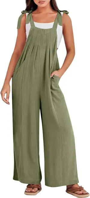 Wide Leg Overalls for Women Loose Fit Casual Sleeveless Linen Jumpsuit Tie Straps Bib Summer Rompers with Pockets