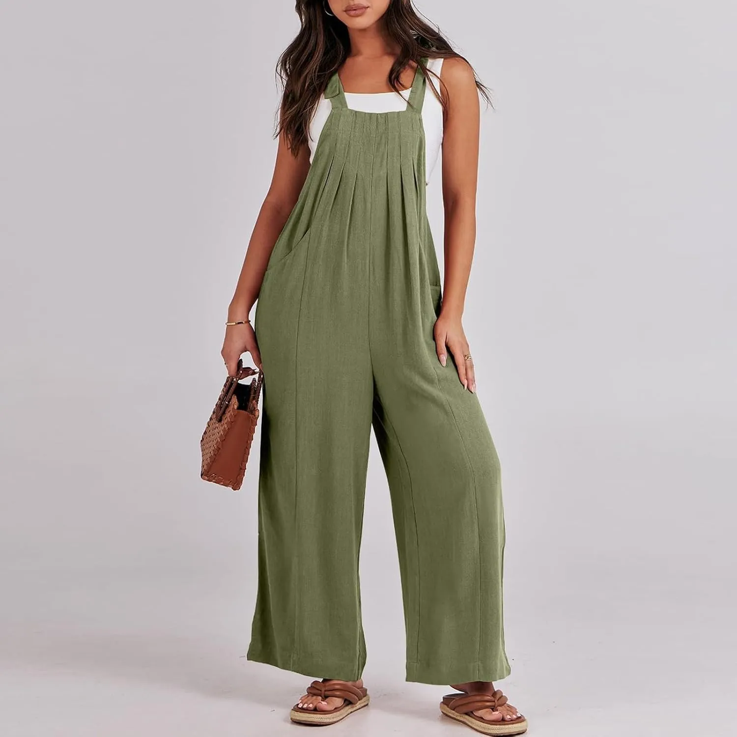 Wide Leg Overalls for Women Loose Fit Casual Sleeveless Linen Jumpsuit Tie Straps Bib Summer Rompers with Pockets