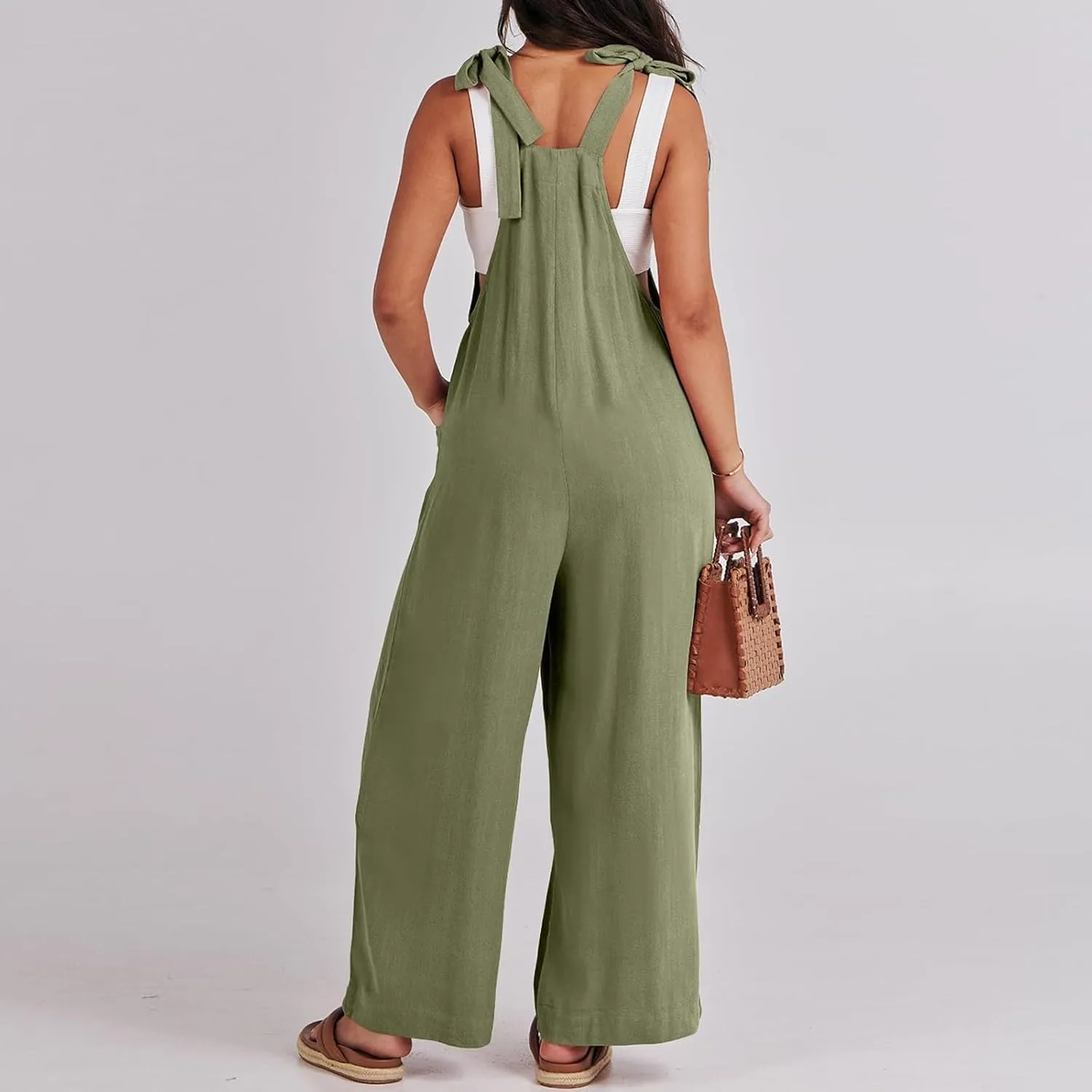 Wide Leg Overalls for Women Loose Fit Casual Sleeveless Linen Jumpsuit Tie Straps Bib Summer Rompers with Pockets