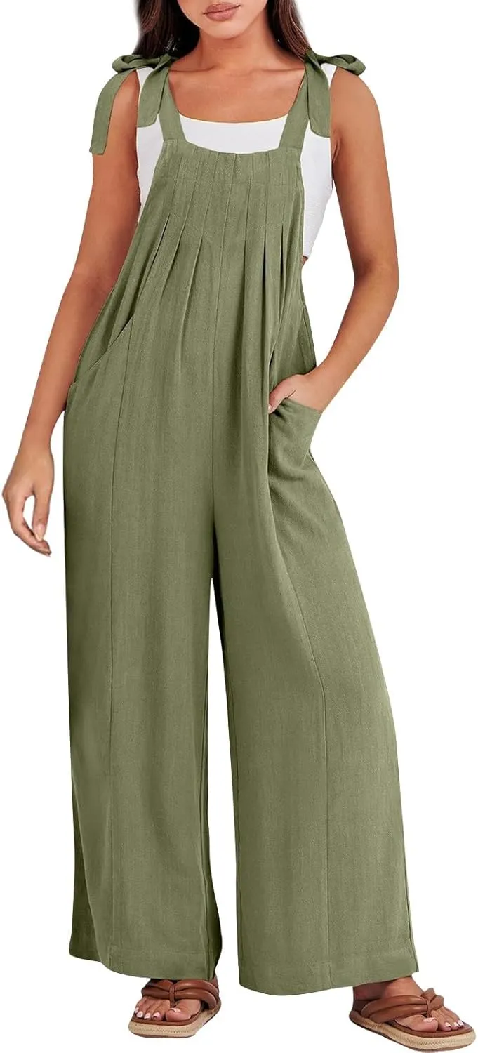 Wide Leg Overalls for Women Loose Fit Casual Sleeveless Linen Jumpsuit Tie Straps Bib Summer Rompers with Pockets