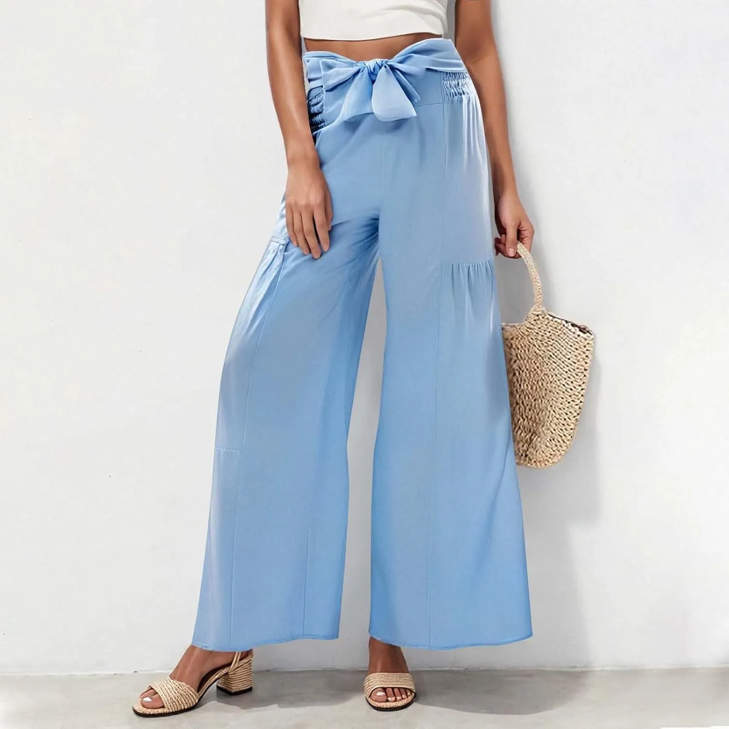 Wide Leg Palazzo Pants Women High Waist Pant with Pockets Adjustable Knot Loose Trousers Business Casual Work