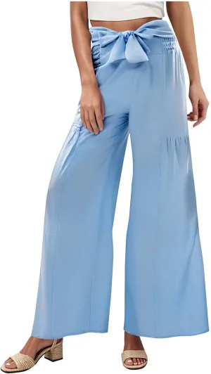 Wide Leg Palazzo Pants Women High Waist Pant with Pockets Adjustable Knot Loose Trousers Business Casual Work