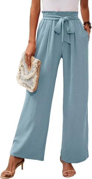 Wide Leg Pants for Women Business Casual Palazzo Pant High Waisted Adjustable Tie Knot Trousers Flowy Beach Work Pant