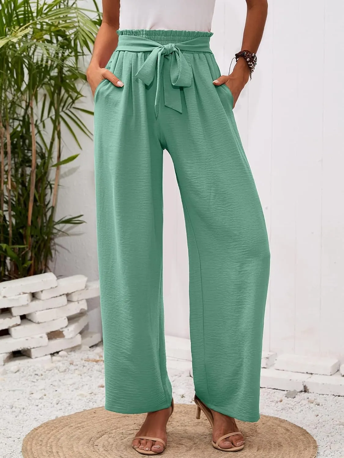 Wide Leg Pants for Women Business Casual Palazzo Pant High Waisted Adjustable Tie Knot Trousers Flowy Beach Work Pant