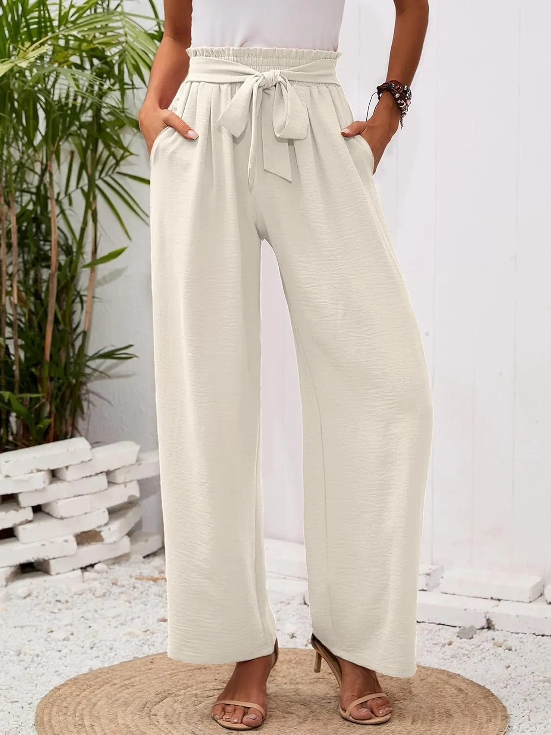 Wide Leg Pants for Women Business Casual Palazzo Pant High Waisted Adjustable Tie Knot Trousers Flowy Beach Work Pant