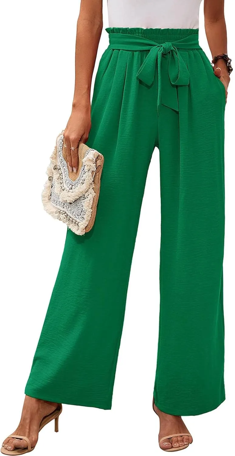 Wide Leg Pants for Women Business Casual Palazzo Pant High Waisted Adjustable Tie Knot Trousers Flowy Beach Work Pant