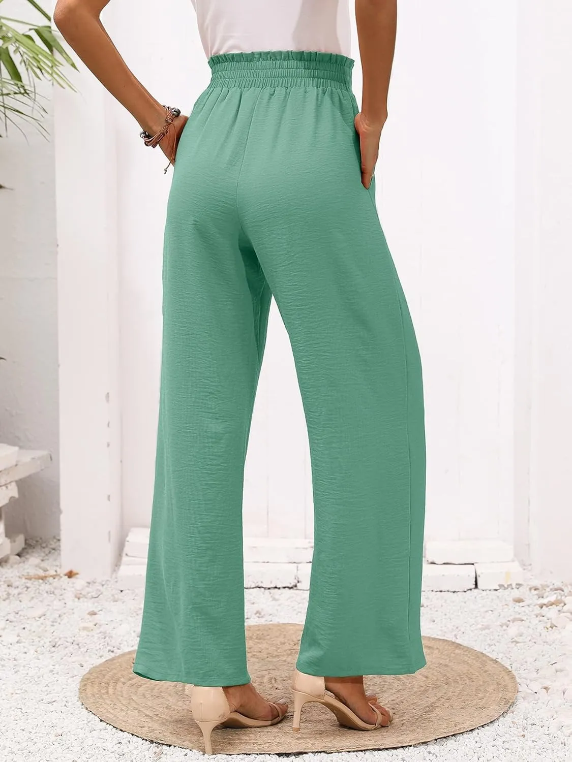 Wide Leg Pants for Women Business Casual Palazzo Pant High Waisted Adjustable Tie Knot Trousers Flowy Beach Work Pant