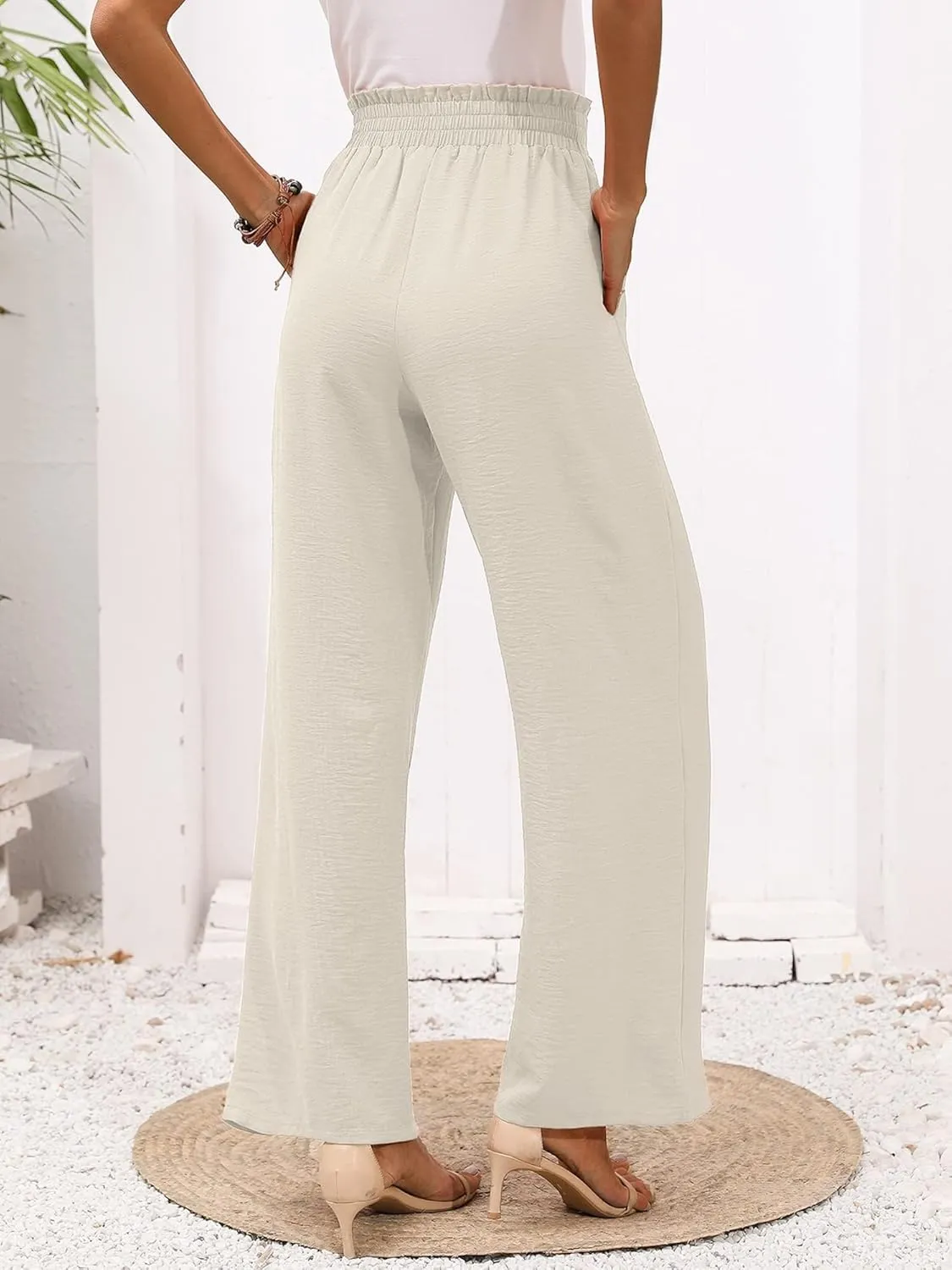Wide Leg Pants for Women Business Casual Palazzo Pant High Waisted Adjustable Tie Knot Trousers Flowy Beach Work Pant