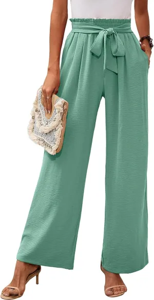 Wide Leg Pants for Women Business Casual Palazzo Pant High Waisted Adjustable Tie Knot Trousers Flowy Beach Work Pant