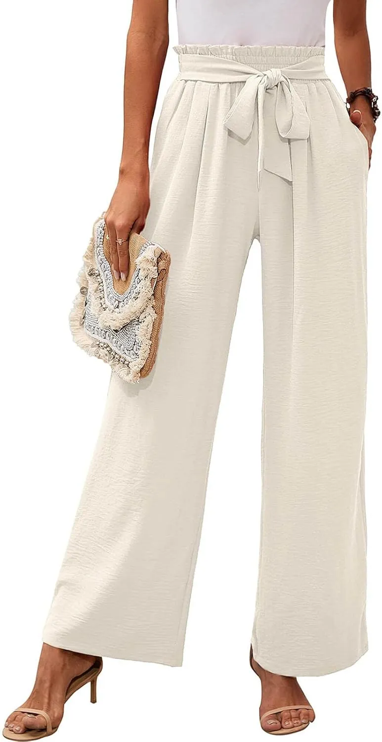 Wide Leg Pants for Women Business Casual Palazzo Pant High Waisted Adjustable Tie Knot Trousers Flowy Beach Work Pant