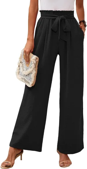 Wide Leg Pants for Women Business Casual Palazzo Pant High Waisted Adjustable Tie Knot Trousers Flowy Beach Work Pant