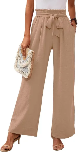 Wide Leg Pants for Women Business Casual Palazzo Pant High Waisted Adjustable Tie Knot Trousers Flowy Beach Work Pant