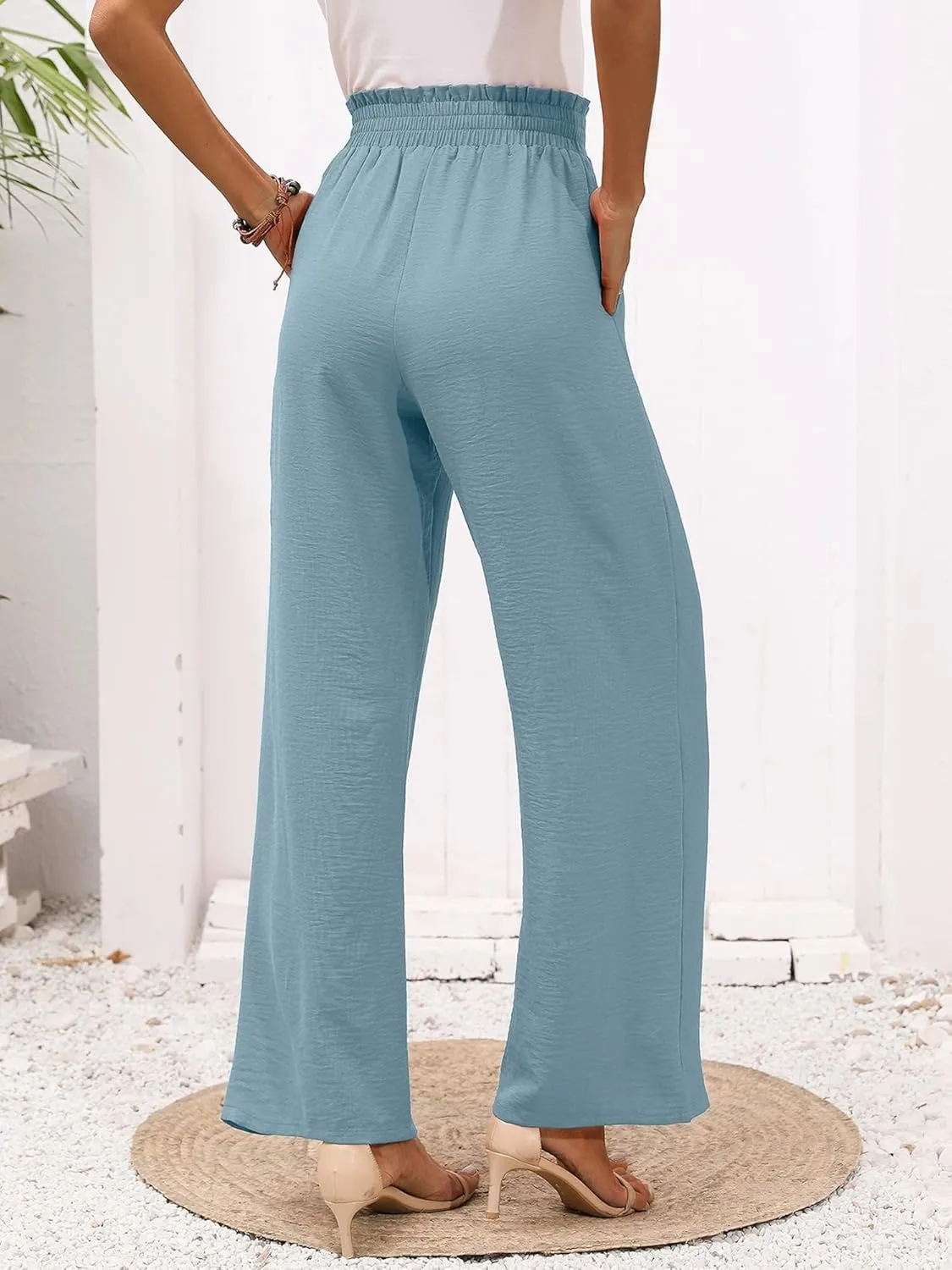 Wide Leg Pants for Women Business Casual Palazzo Pant High Waisted Adjustable Tie Knot Trousers Flowy Beach Work Pant