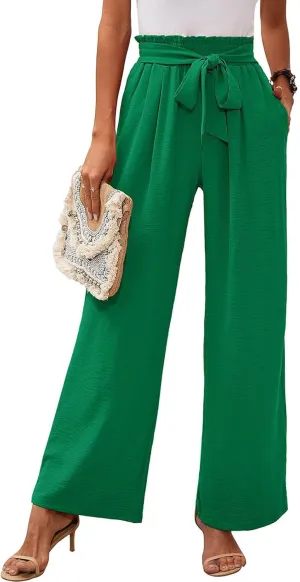 Wide Leg Pants for Women Business Casual Palazzo Pant High Waisted Adjustable Tie Knot Trousers Flowy Beach Work Pant