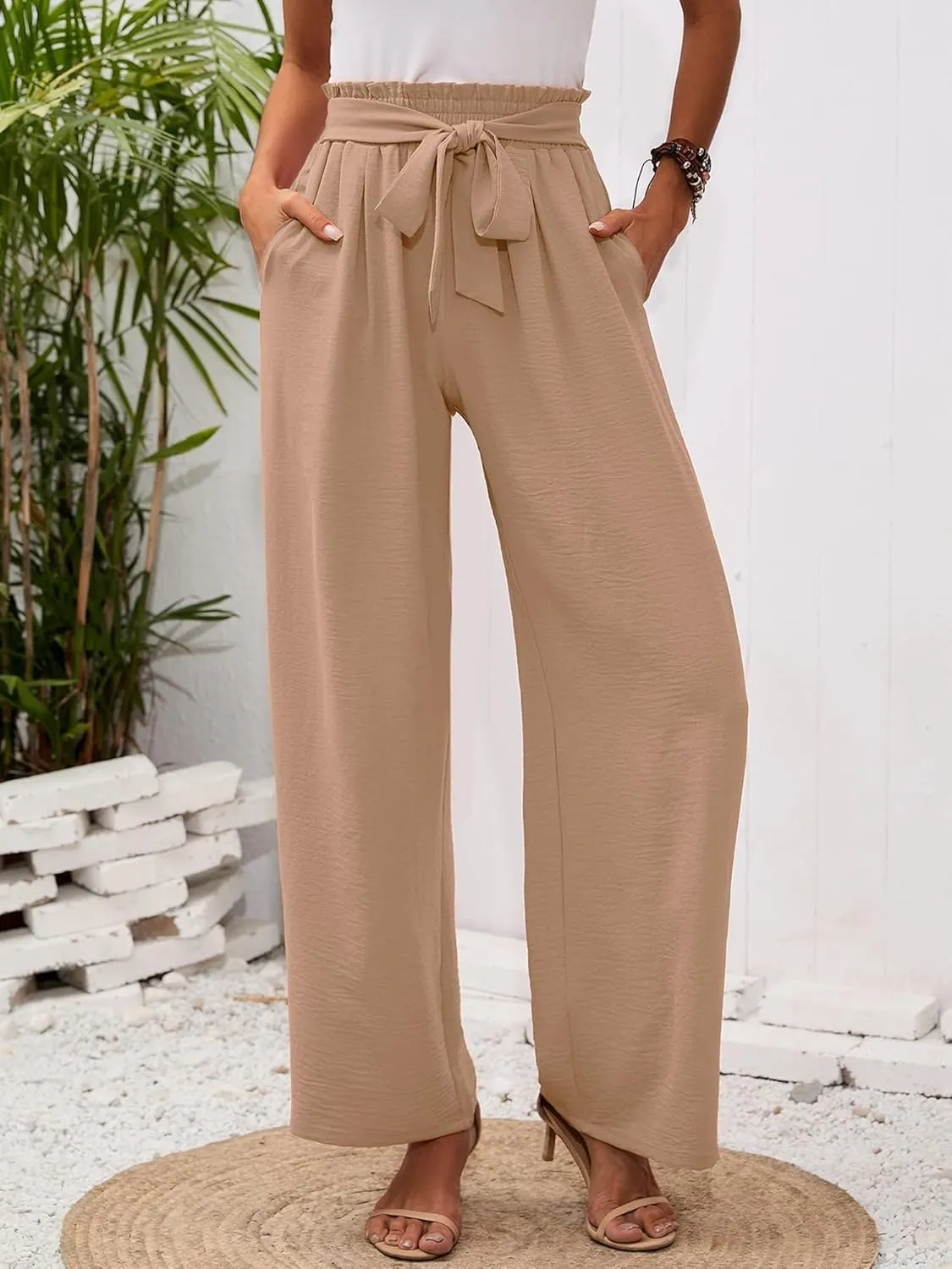 Wide Leg Pants for Women Business Casual Palazzo Pant High Waisted Adjustable Tie Knot Trousers Flowy Beach Work Pant