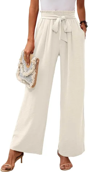 Wide Leg Pants for Women Business Casual Palazzo Pant High Waisted Adjustable Tie Knot Trousers Flowy Beach Work Pant