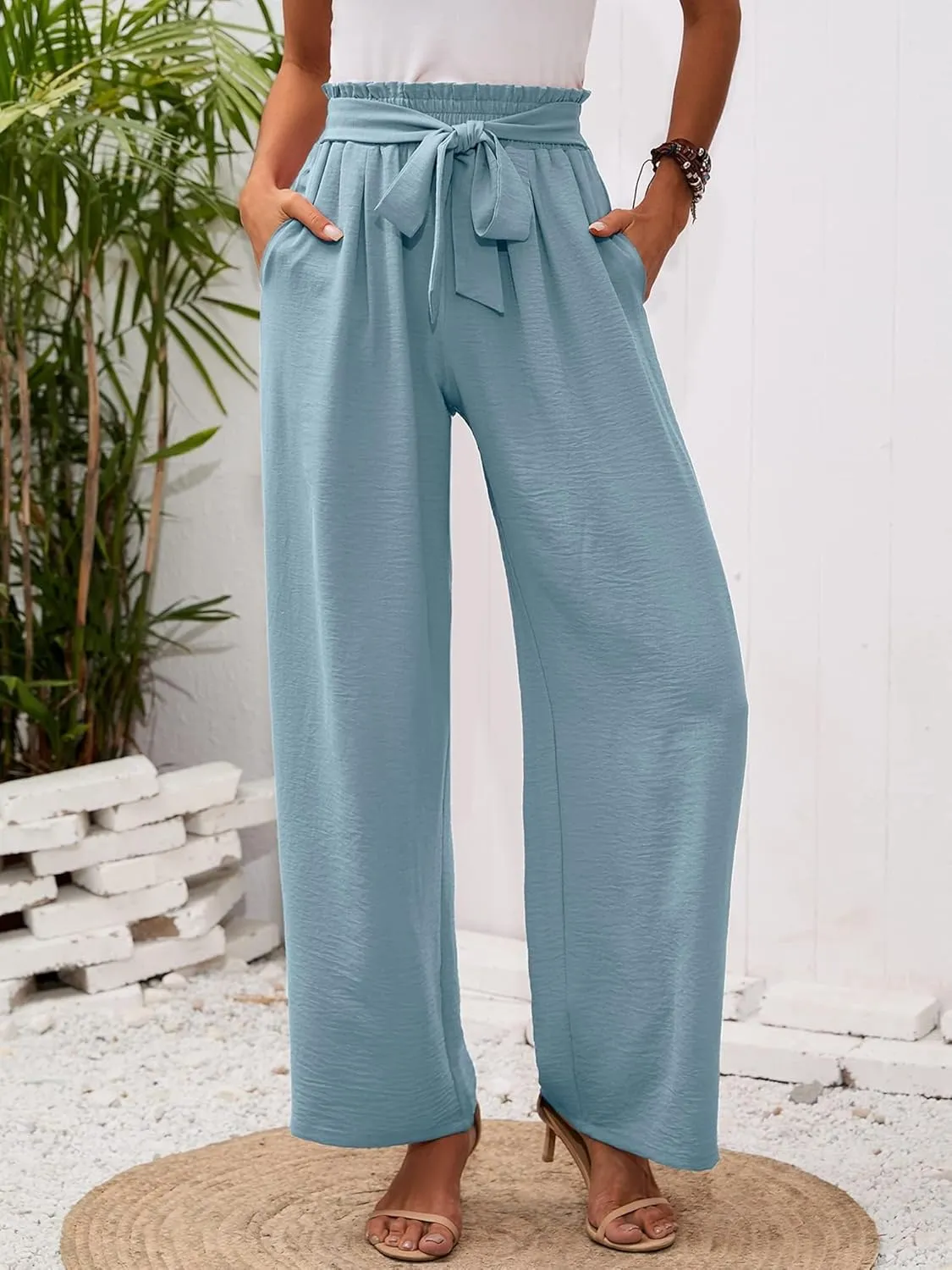 Wide Leg Pants for Women Business Casual Palazzo Pant High Waisted Adjustable Tie Knot Trousers Flowy Beach Work Pant