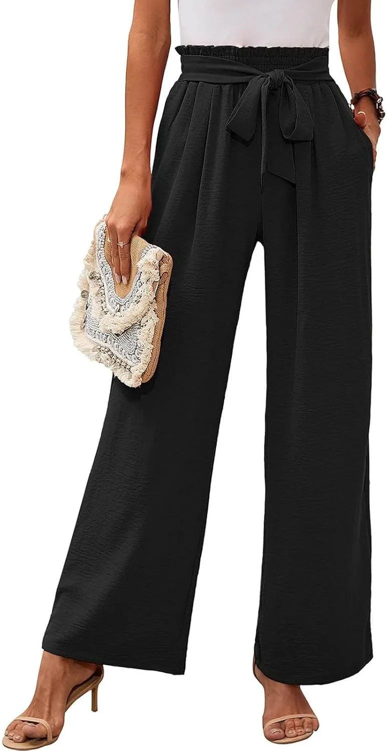 Wide Leg Pants for Women Business Casual Palazzo Pant High Waisted Adjustable Tie Knot Trousers Flowy Beach Work Pant