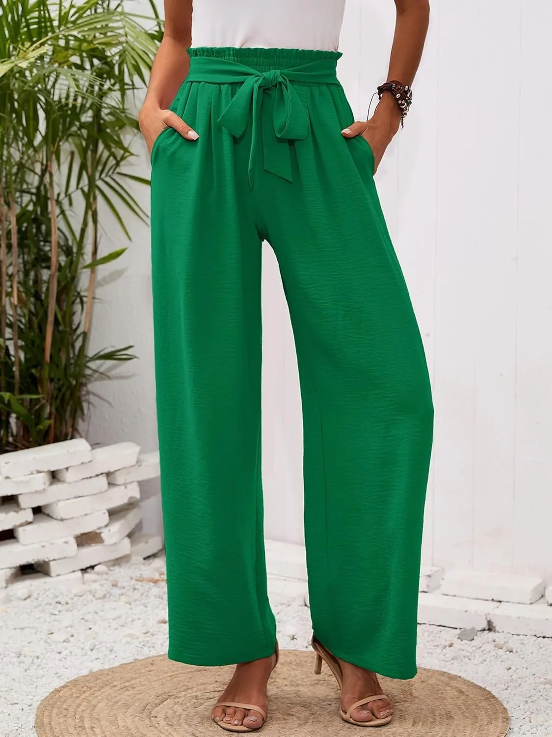 Wide Leg Pants for Women Business Casual Palazzo Pant High Waisted Adjustable Tie Knot Trousers Flowy Beach Work Pant