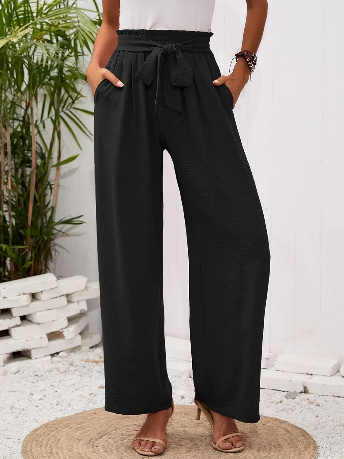 Wide Leg Pants for Women Business Casual Palazzo Pant High Waisted Adjustable Tie Knot Trousers Flowy Beach Work Pant