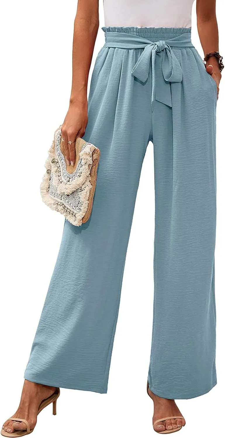 Wide Leg Pants for Women Business Casual Palazzo Pant High Waisted Adjustable Tie Knot Trousers Flowy Beach Work Pant