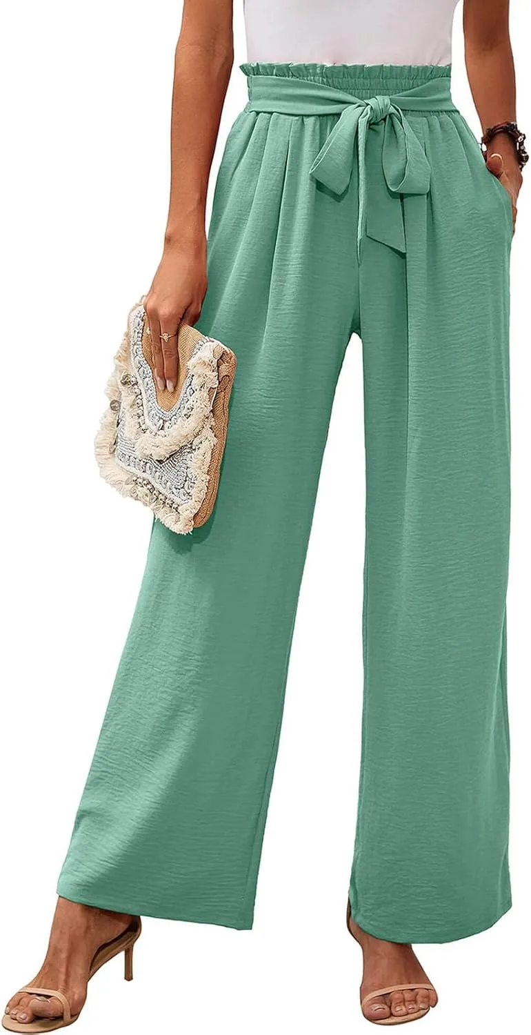 Wide Leg Pants for Women Business Casual Palazzo Pant High Waisted Adjustable Tie Knot Trousers Flowy Beach Work Pant