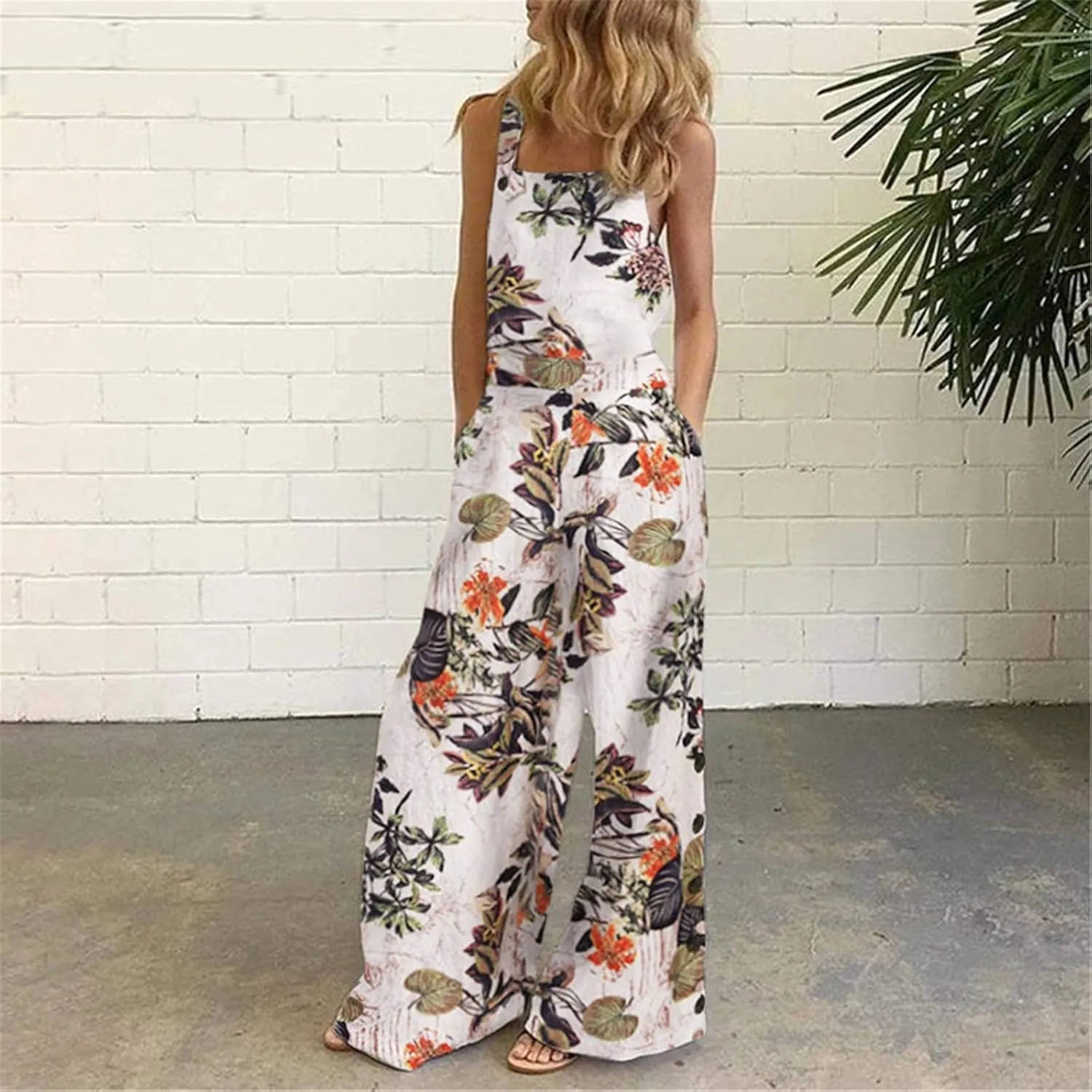 Wide Leg Rompers for Women Plus Size Casual Sleeveless Straps Square Neck Floral Print Baggy Jumpsuit with Pockets