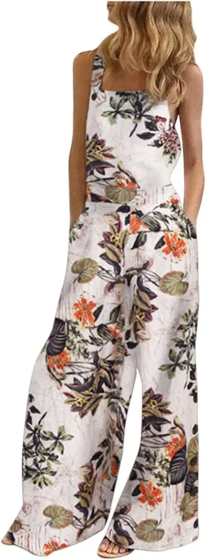 Wide Leg Rompers for Women Plus Size Casual Sleeveless Straps Square Neck Floral Print Baggy Jumpsuit with Pockets