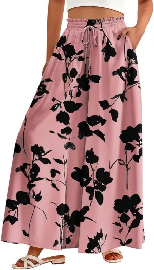 Women Casual High Waist Wide Leg Pants Summer Long Palazzo Pants Flowy Pants for Women Lounge Beach Trousers with Pocket