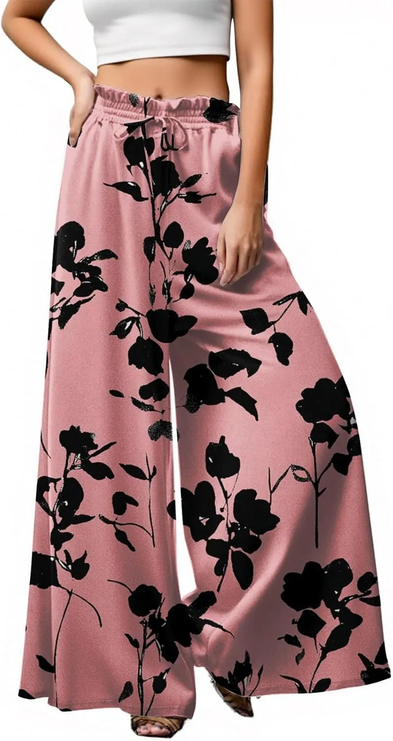 Women Casual High Waist Wide Leg Pants Summer Long Palazzo Pants Flowy Pants for Women Lounge Beach Trousers with Pocket
