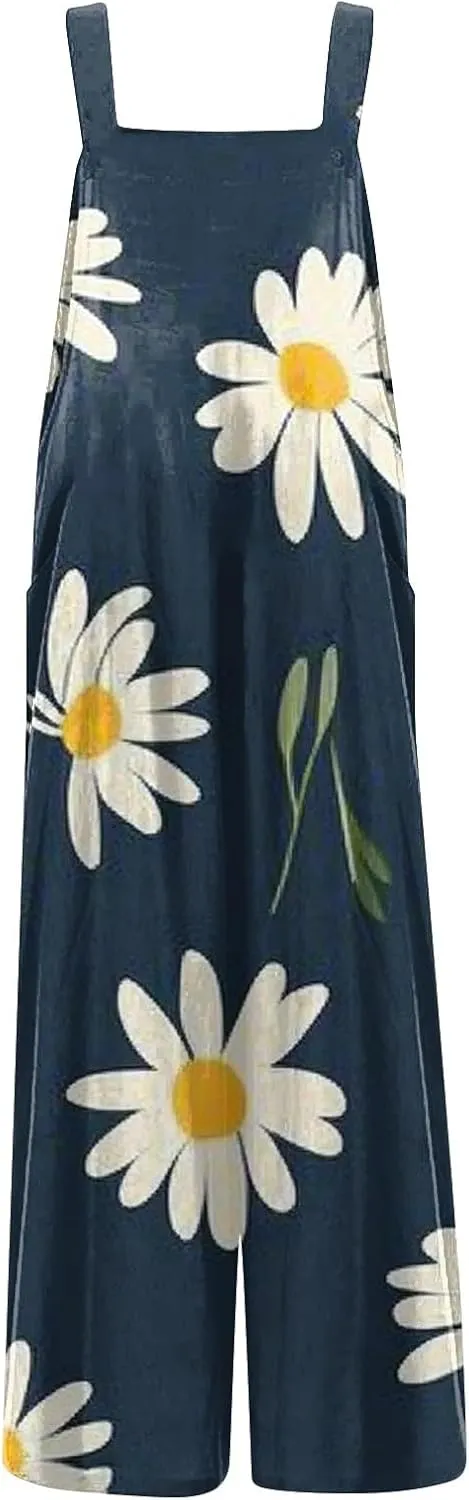 Women Jumpsuits Vintage 2025 Spring Summer Outfits Palazzo One Piece Rompers Boho Floral Beach Overalls with Pockets