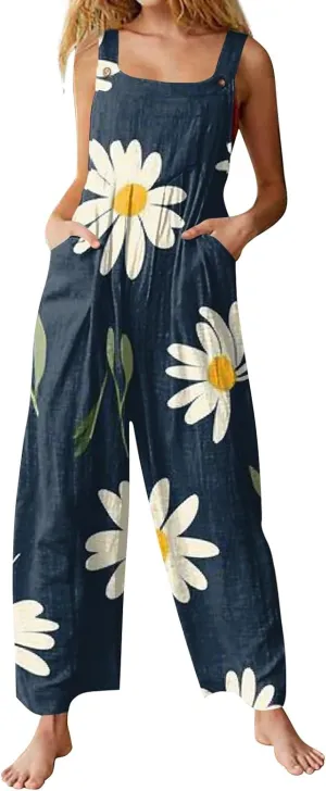 Women Jumpsuits Vintage 2025 Spring Summer Outfits Palazzo One Piece Rompers Boho Floral Beach Overalls with Pockets