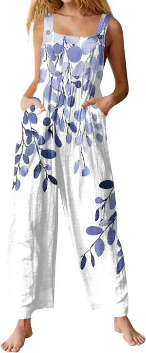Women Jumpsuits Vintage 2025 Spring Summer Outfits Palazzo One Piece Rompers Boho Floral Beach Overalls with Pockets