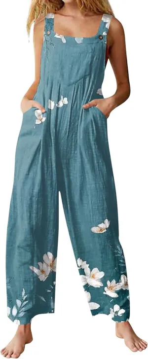 Women Jumpsuits Vintage 2025 Spring Summer Outfits Palazzo One Piece Rompers Boho Floral Beach Overalls with Pockets