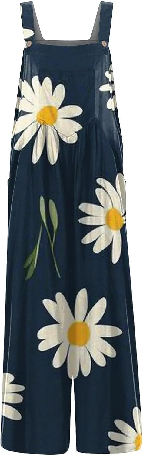 Women Jumpsuits Vintage 2025 Spring Summer Outfits Palazzo One Piece Rompers Boho Floral Beach Overalls with Pockets