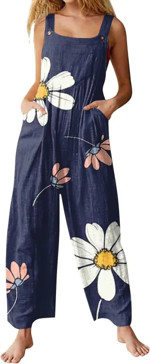 Women Jumpsuits Vintage 2025 Spring Summer Outfits Palazzo One Piece Rompers Boho Floral Beach Overalls with Pockets