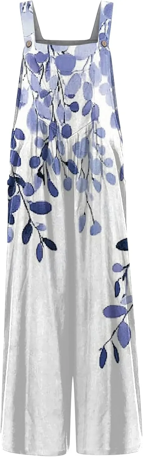Women Jumpsuits Vintage 2025 Spring Summer Outfits Palazzo One Piece Rompers Boho Floral Beach Overalls with Pockets