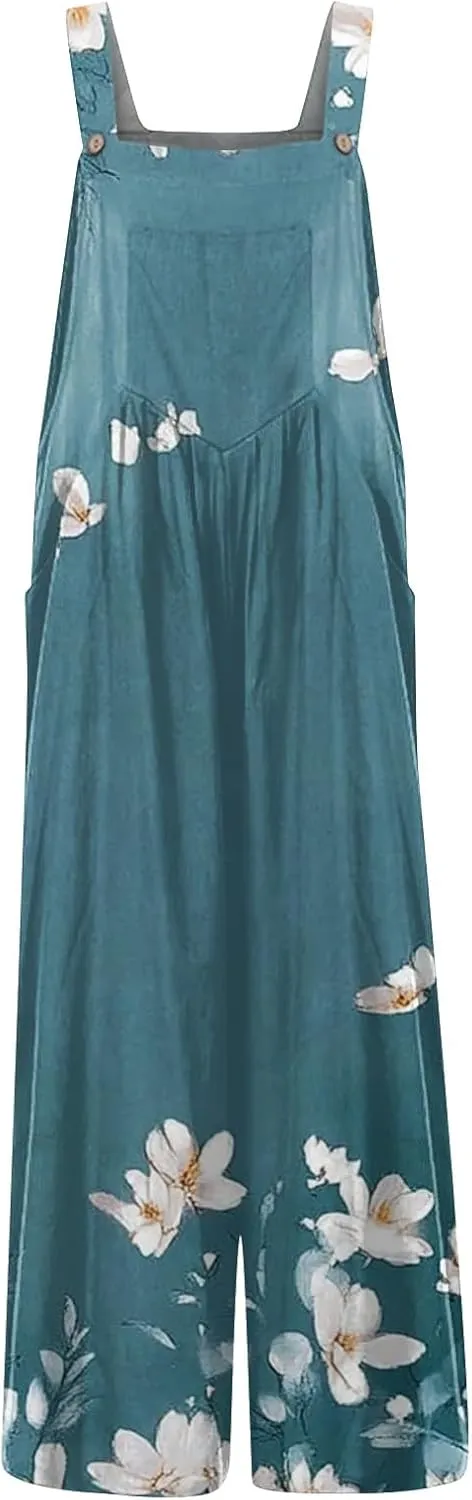 Women Jumpsuits Vintage 2025 Spring Summer Outfits Palazzo One Piece Rompers Boho Floral Beach Overalls with Pockets