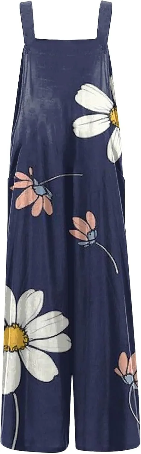 Women Jumpsuits Vintage 2025 Spring Summer Outfits Palazzo One Piece Rompers Boho Floral Beach Overalls with Pockets