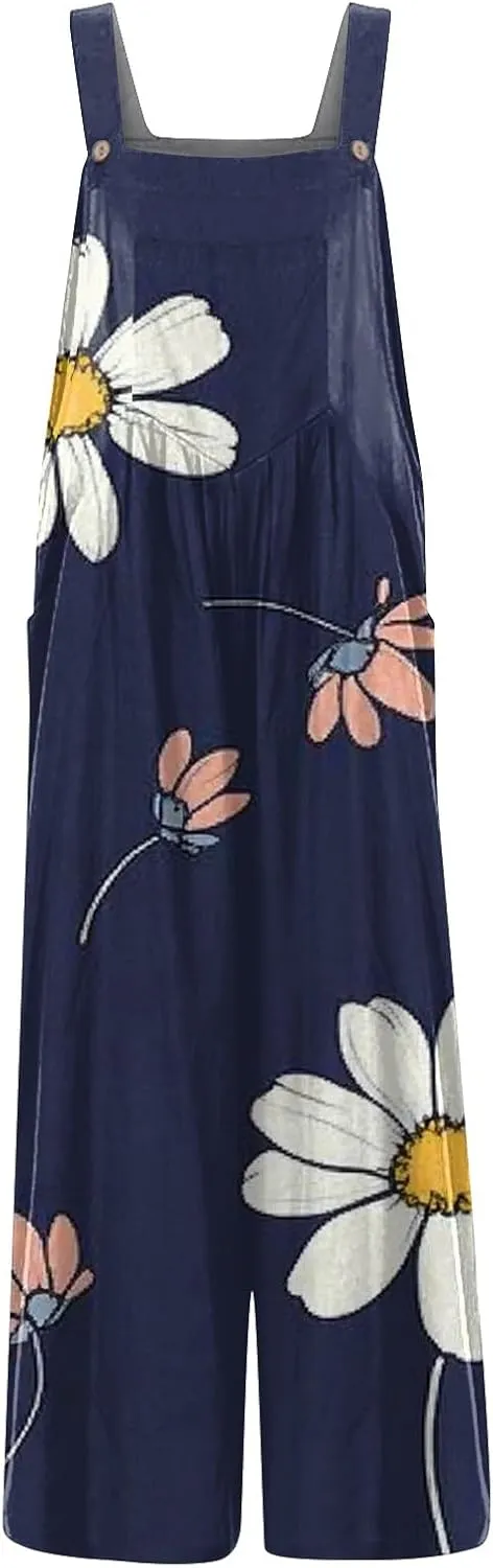 Women Jumpsuits Vintage 2025 Spring Summer Outfits Palazzo One Piece Rompers Boho Floral Beach Overalls with Pockets