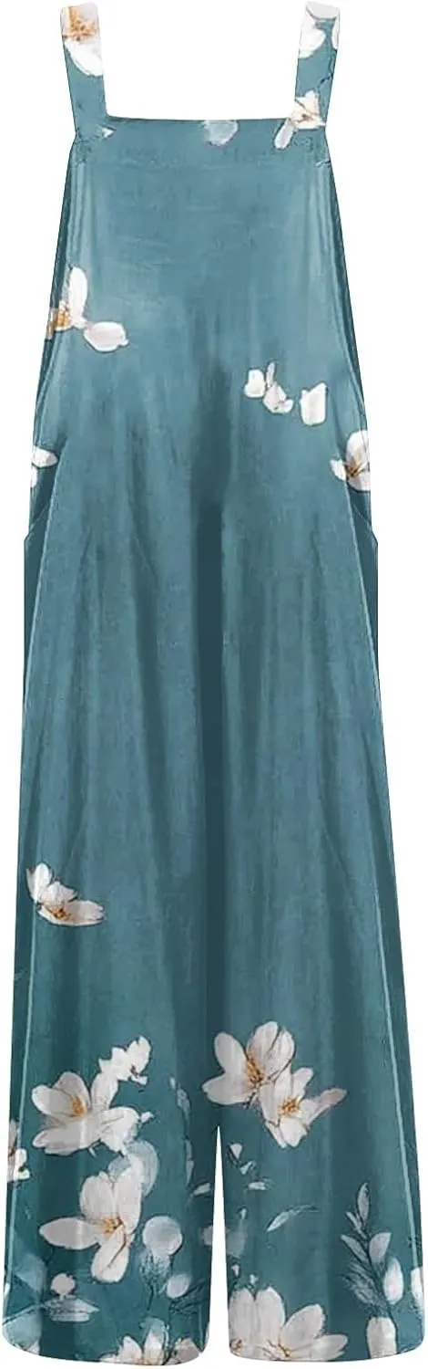 Women Jumpsuits Vintage 2025 Spring Summer Outfits Palazzo One Piece Rompers Boho Floral Beach Overalls with Pockets