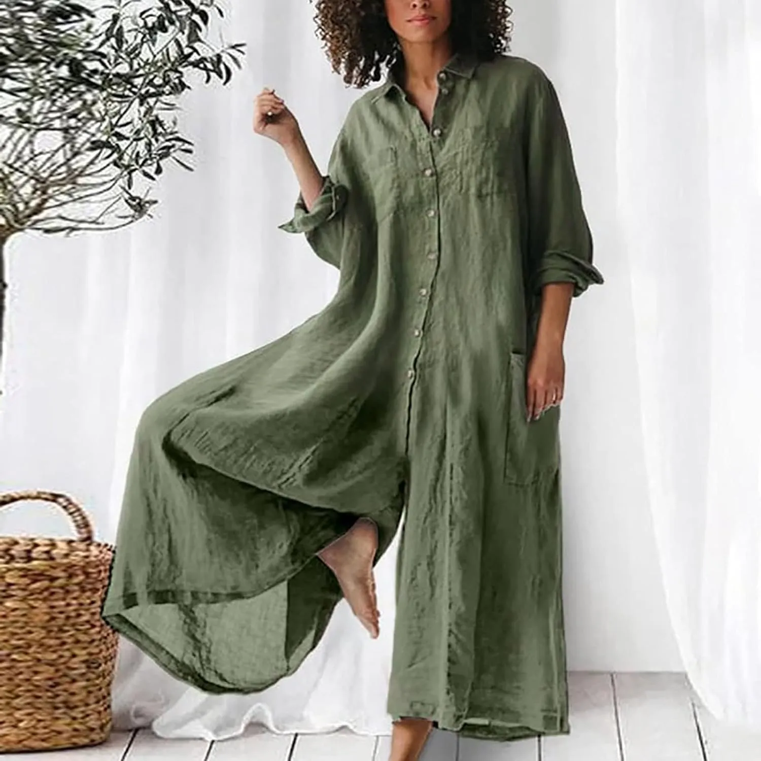 Women Linen Button Down Long Sleeve Wide Leg Jumpsuit Beach Palazzo Pants One Piece Jumpsuit Plus Size Summer Outfits