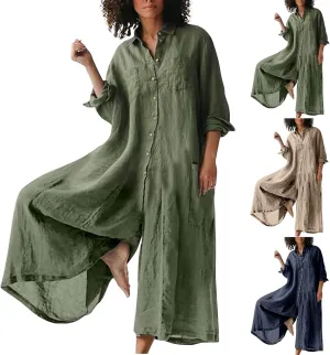 Women Linen Button Down Long Sleeve Wide Leg Jumpsuit Beach Palazzo Pants One Piece Jumpsuit Plus Size Summer Outfits