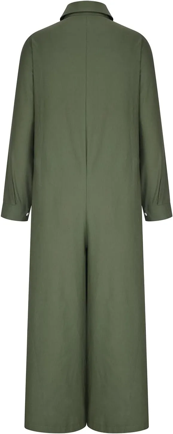 Women Linen Button Down Long Sleeve Wide Leg Jumpsuit Beach Palazzo Pants One Piece Jumpsuit Plus Size Summer Outfits