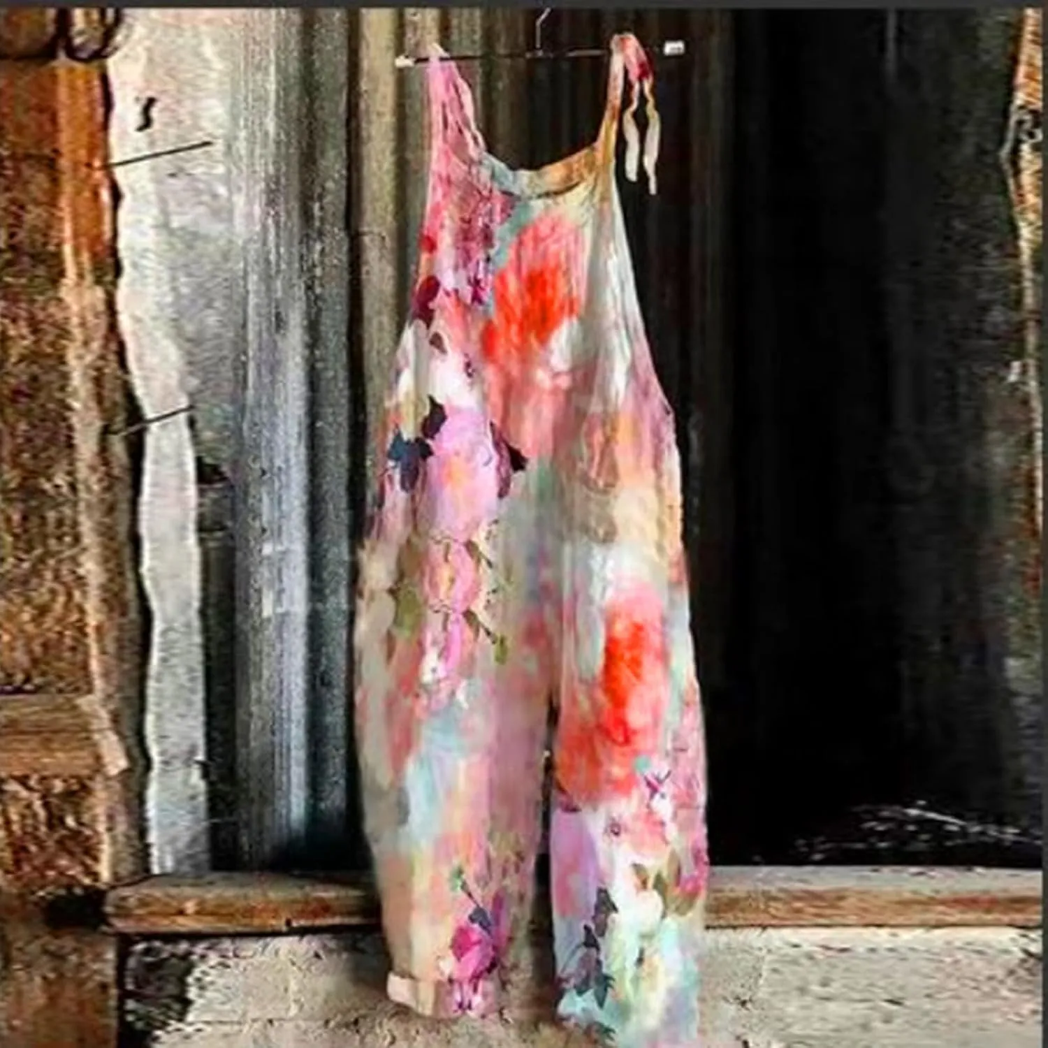Women's Causal Sleeveless Baggy Suspender Summer Beach Vacation Jumpsuit with Pockets Print Trendy Comfy Overalls