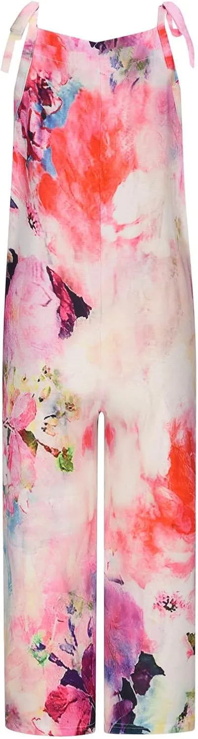 Women's Causal Sleeveless Baggy Suspender Summer Beach Vacation Jumpsuit with Pockets Print Trendy Comfy Overalls