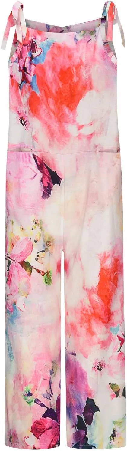 Women's Causal Sleeveless Baggy Suspender Summer Beach Vacation Jumpsuit with Pockets Print Trendy Comfy Overalls