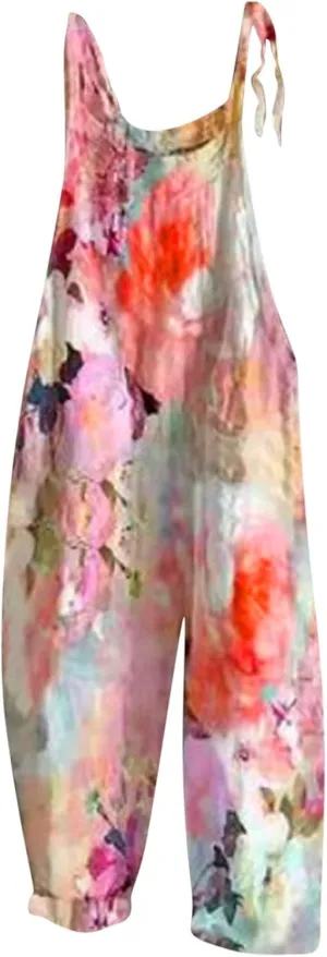 Women's Causal Sleeveless Baggy Suspender Summer Beach Vacation Jumpsuit with Pockets Print Trendy Comfy Overalls