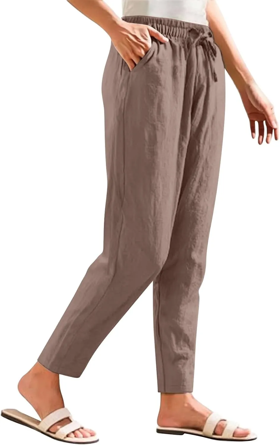 Women's Cotton Linen Pants Straight Leg Elastic Drawstring Trousers Casual 2025 Summer Beach Lounge Pant