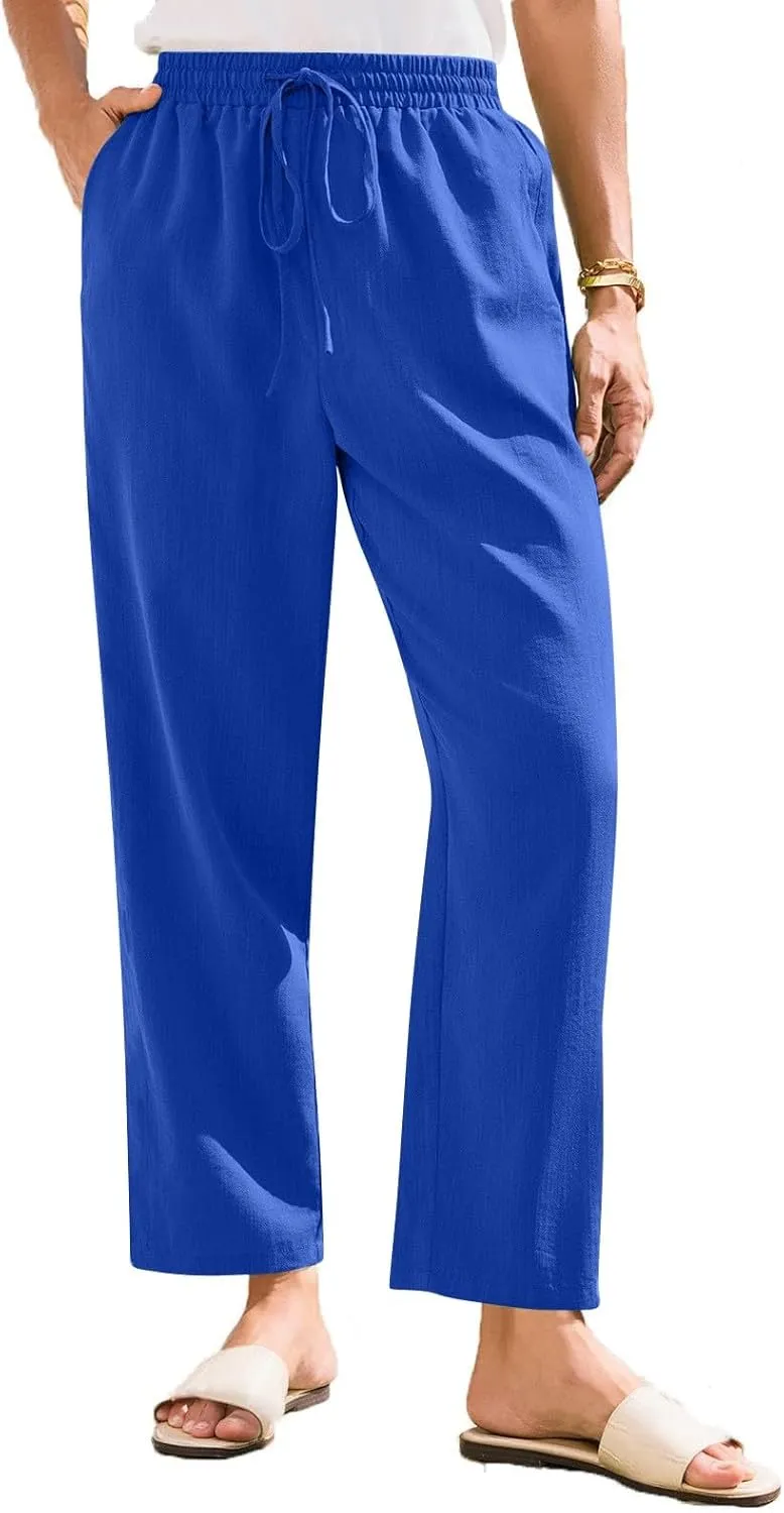 Women's Cotton Linen Pants Straight Leg Elastic Drawstring Trousers Casual 2025 Summer Beach Lounge Pant